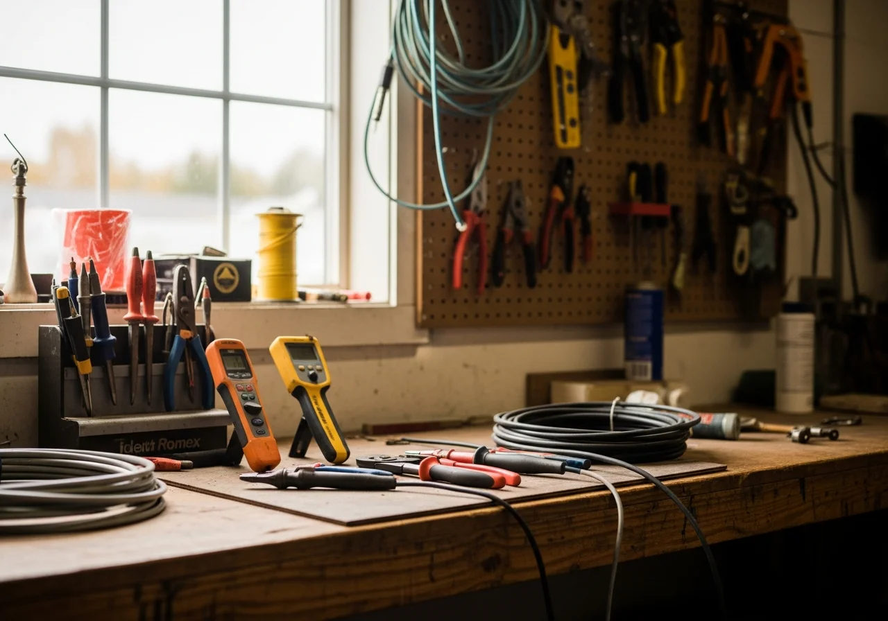 Electrician tools and equipment on a workbench, ready for residential service calls.