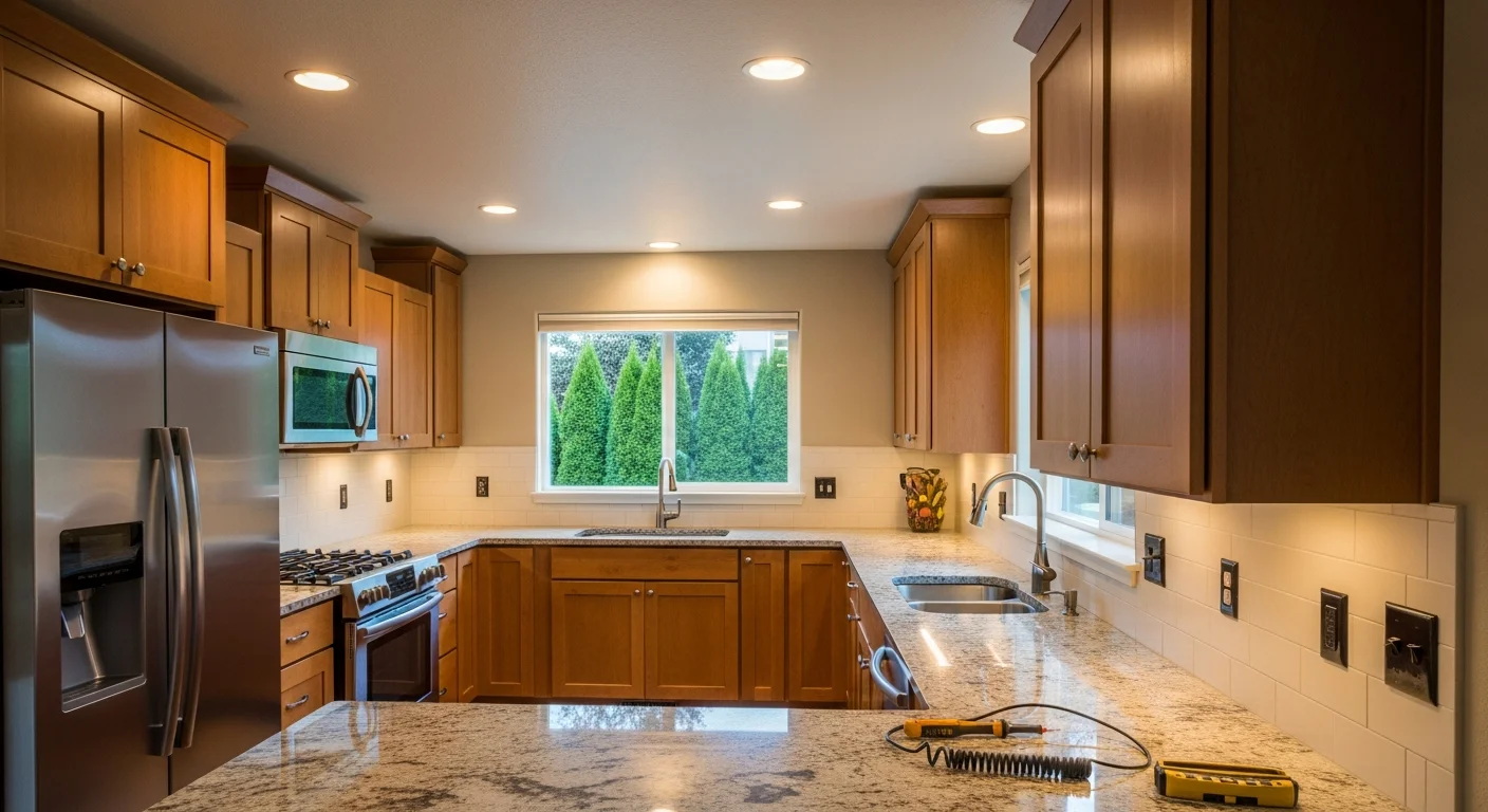 Electrician installing new circuits and outlets during kitchen remodel in Snohomish County