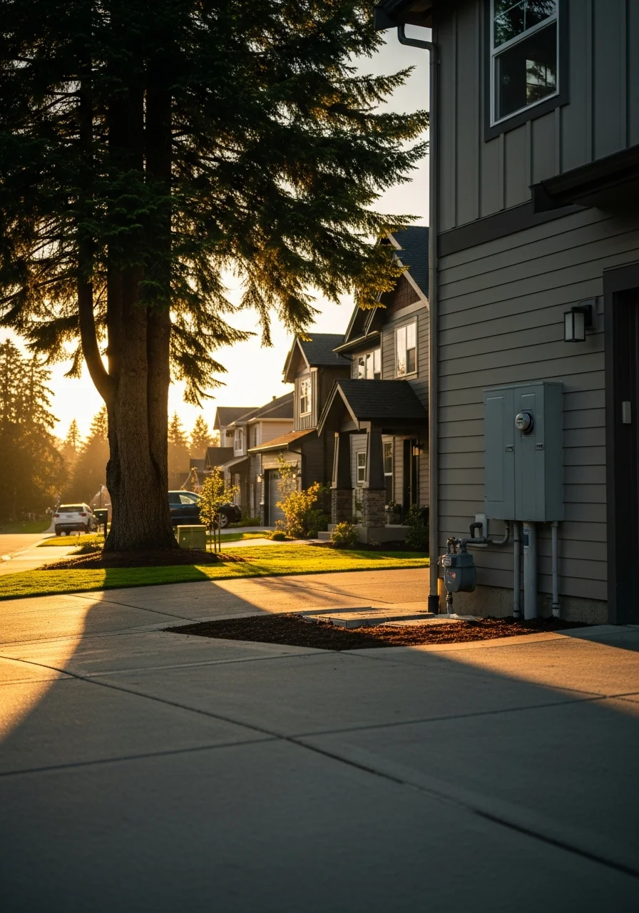 Residential street in Issaquah with modern homes and mature trees