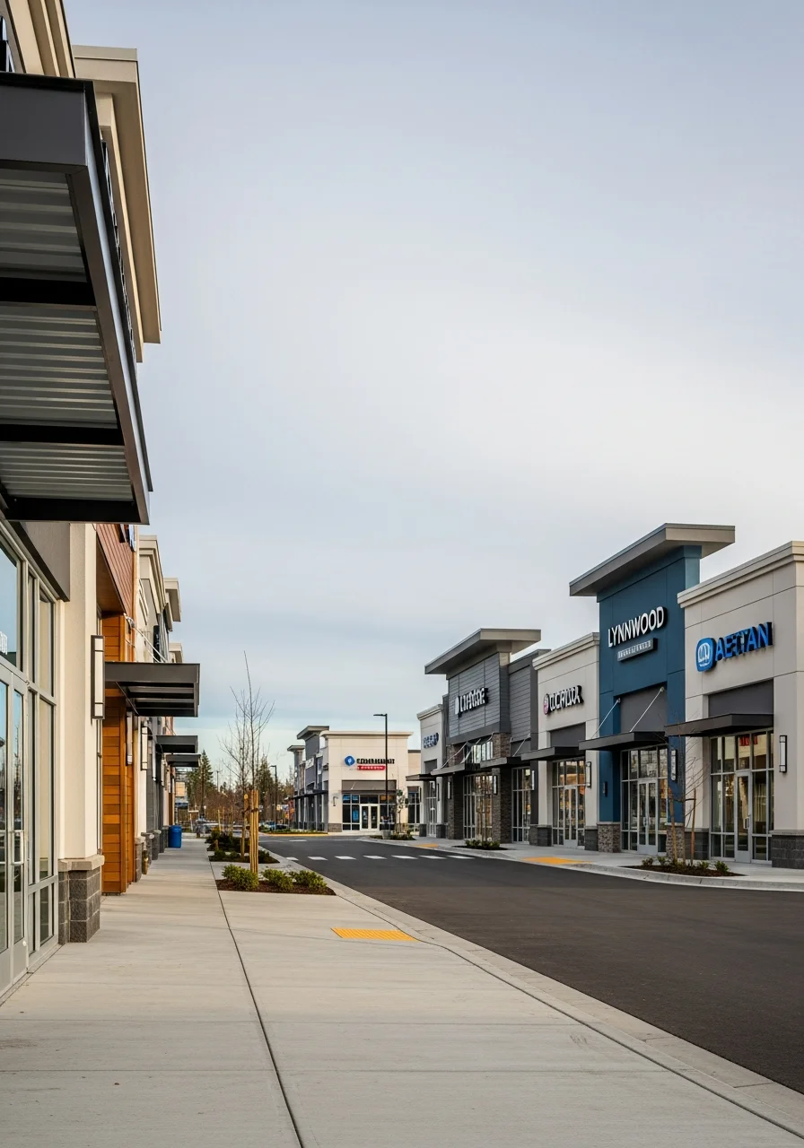 Interstate 5 and 405 junction in Lynnwood with commercial retail district and modern infrastructure