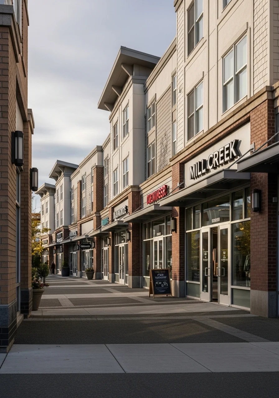 Mill Creek Town Center shopping district with retail and dining establishments