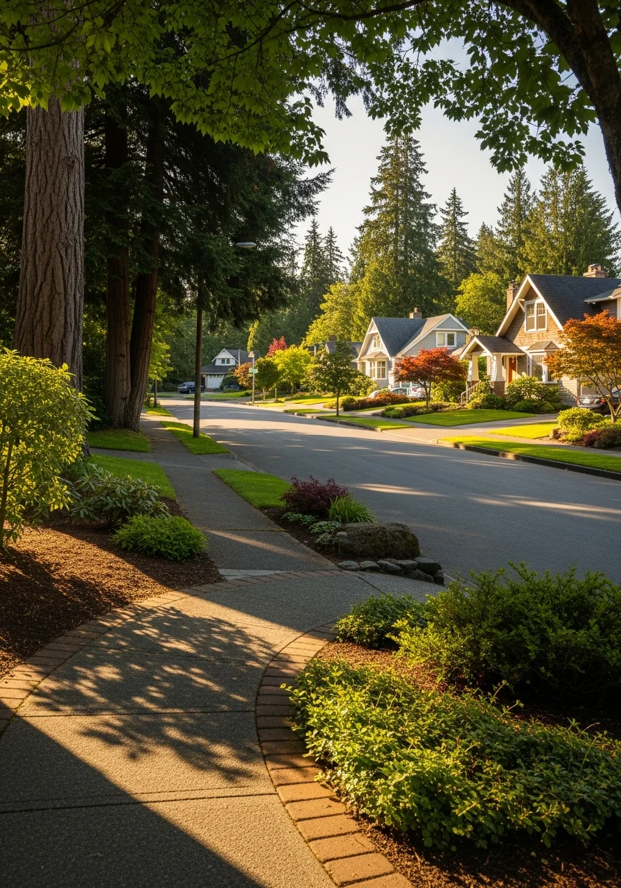 Modern Mukilteo residential street with well-maintained homes and mature landscaping