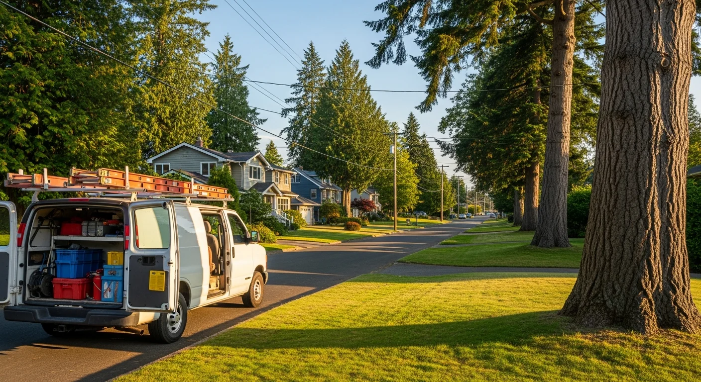Tree-lined residential street in Shoreline with well-maintained single-family homes and green lawns.