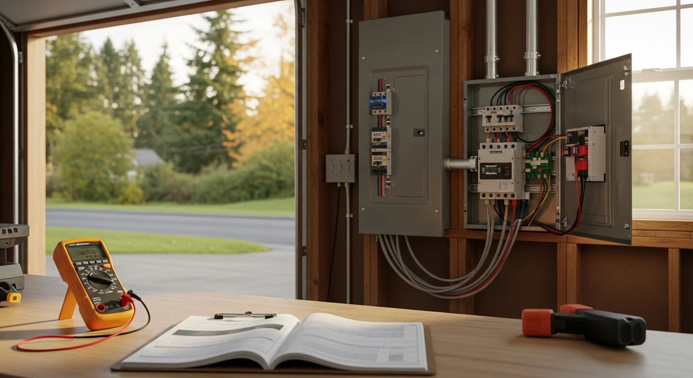 A licensed electrician from NWELECTRICIANSTODAY reviewing a load assessment diagram next to a residential electrical panel in a Shoreline, Washington home. A standby generator unit is visible through the window mounted on a concrete pad beside the house.