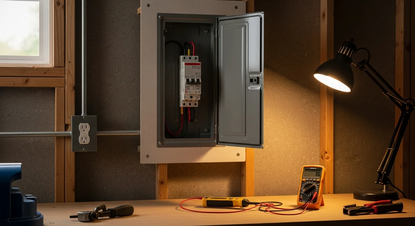 A licensed electrician inspecting an open residential electrical panel with individual circuit breakers inside a Shoreline, WA home. Close-up view shows breaker rows and wiring inside the panel box.