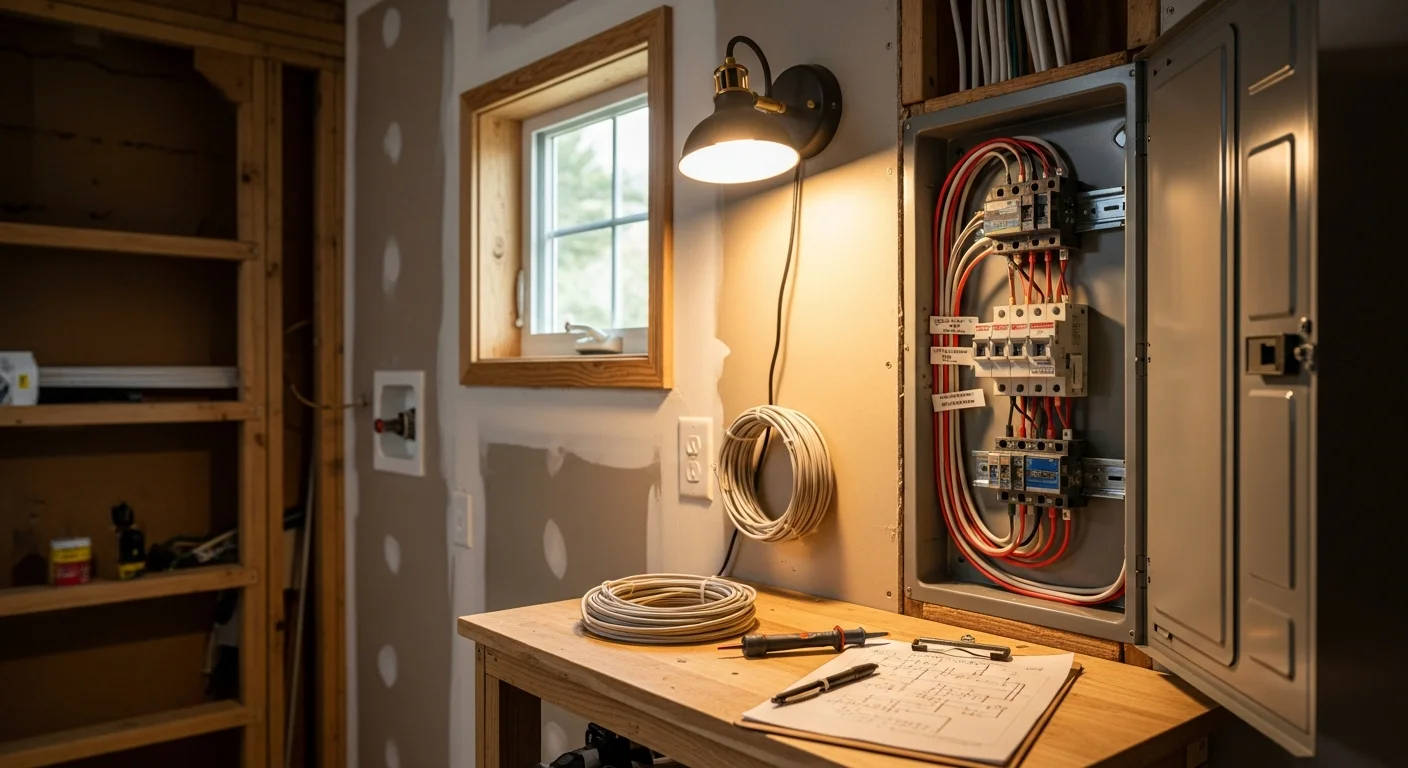 A licensed electrician from NWELECTRICIANSTODAY installing new grounded wiring inside the wall cavity of a mid-century Shoreline home during a complete electrical rewiring project. The image shows exposed wall framing with new wire runs and a partially upgraded electrical panel.