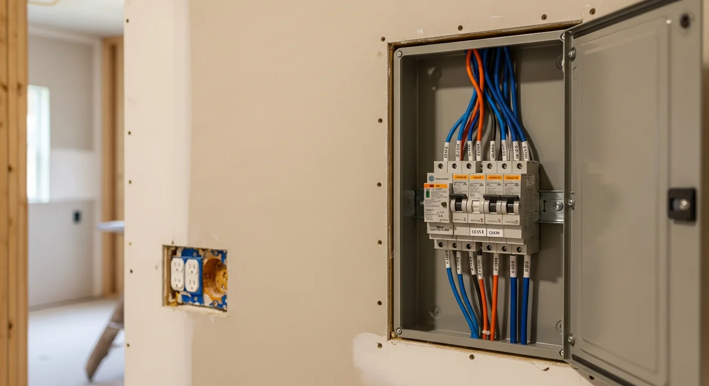 A licensed electrician from NWELECTRICIANSTODAY connecting a new dedicated circuit breaker inside a residential electrical panel in a Shoreline, Washington home. The panel shows neatly labeled circuit breakers with a new circuit added for a high-demand appliance.