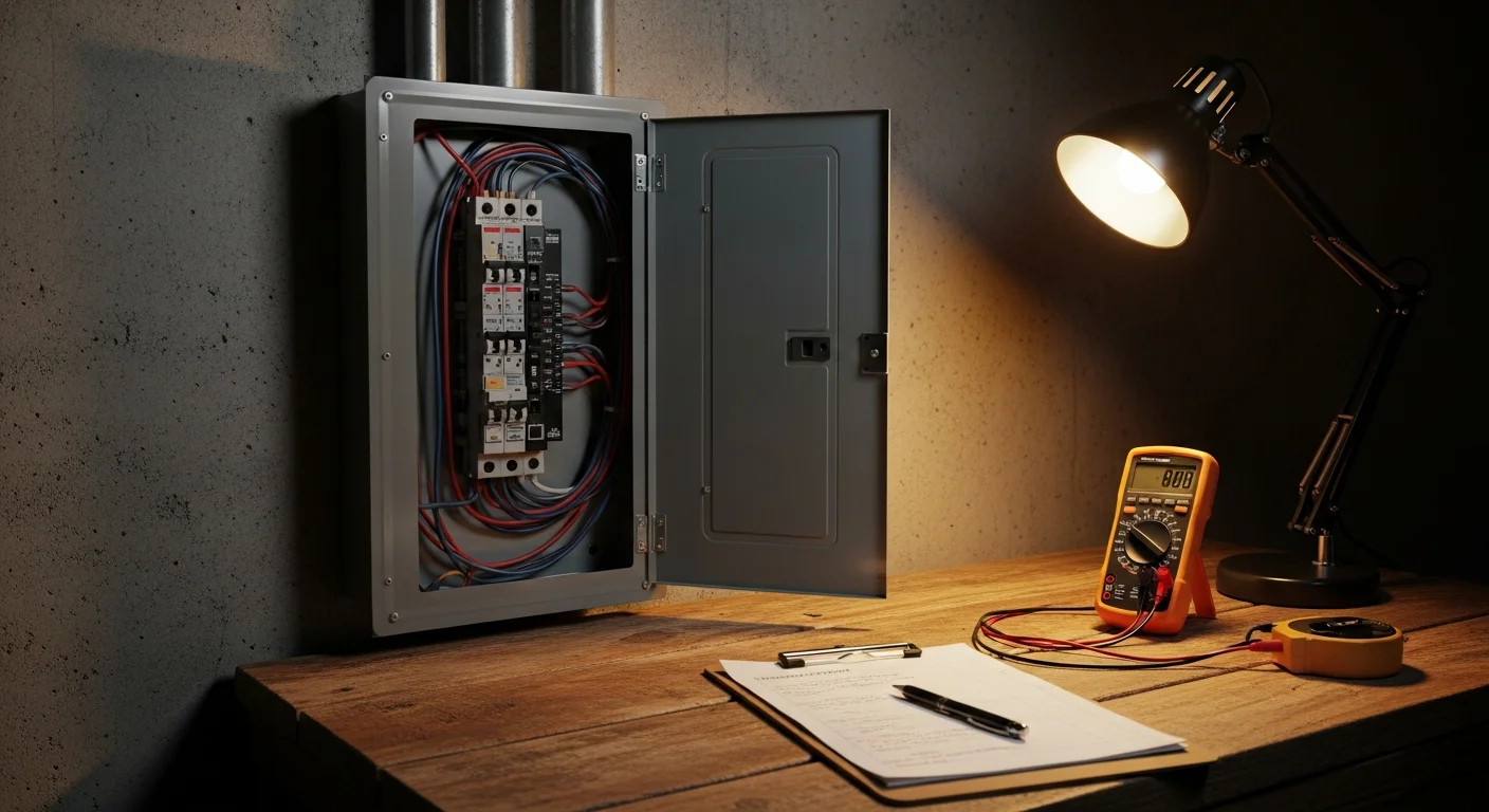 A licensed electrician from NWELECTRICIANSTODAY inspecting an older residential electrical panel inside a Shoreline, Washington home. The panel door is open, showing labeled breakers being evaluated for condition and capacity.