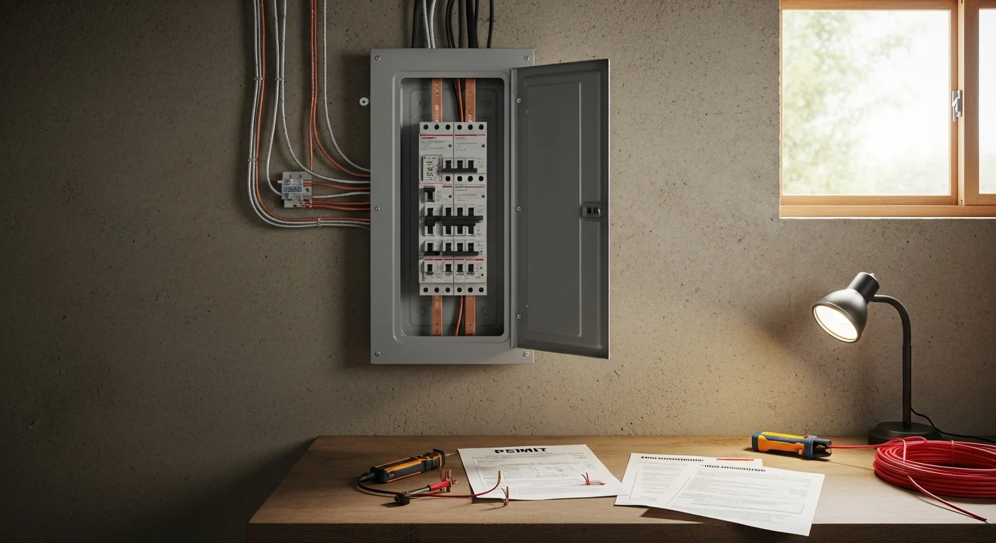 A licensed electrician from NWELECTRICIANSTODAY installs a new residential electrical panel in a Shoreline, WA home. The image shows a modern breaker panel mounted on an interior wall with neatly organized wiring and labeled circuits.
