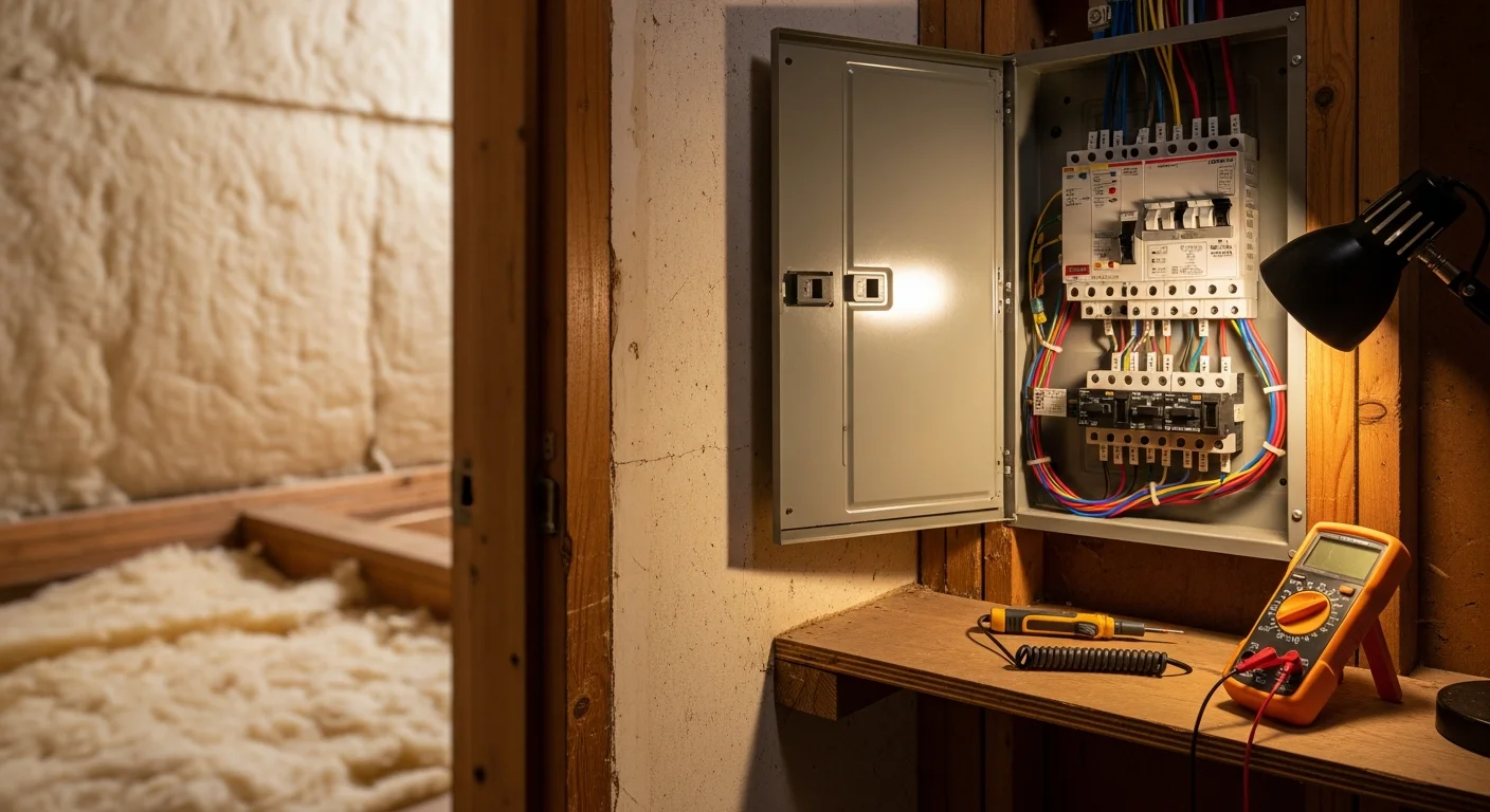A licensed electrician inspecting an open electrical panel inside a mid-century single-family home in Shoreline, Washington. The panel shows older wiring being assessed for repair and code compliance.