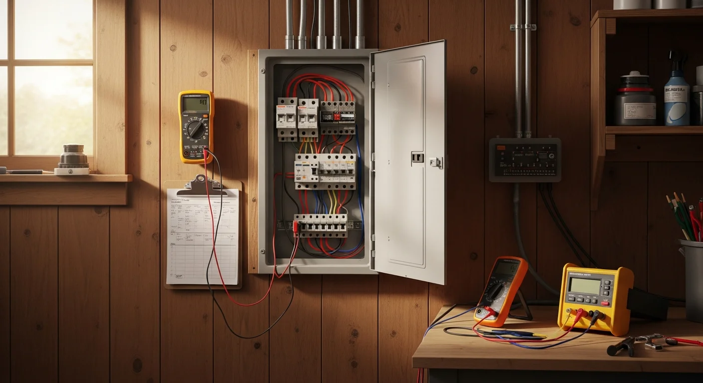 A licensed electrician inspecting a residential electrical panel inside a mid-century home in Shoreline, WA. The panel cover is open and the technician is checking circuit connections with a testing tool.