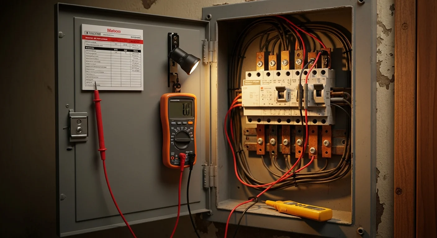 A licensed electrician from NWELECTRICIANSTODAY testing a residential electrical panel inside a mid-century single-family home in Shoreline, Washington. The electrician uses a diagnostic meter to trace a fault on a circuit with an older 100-amp panel.