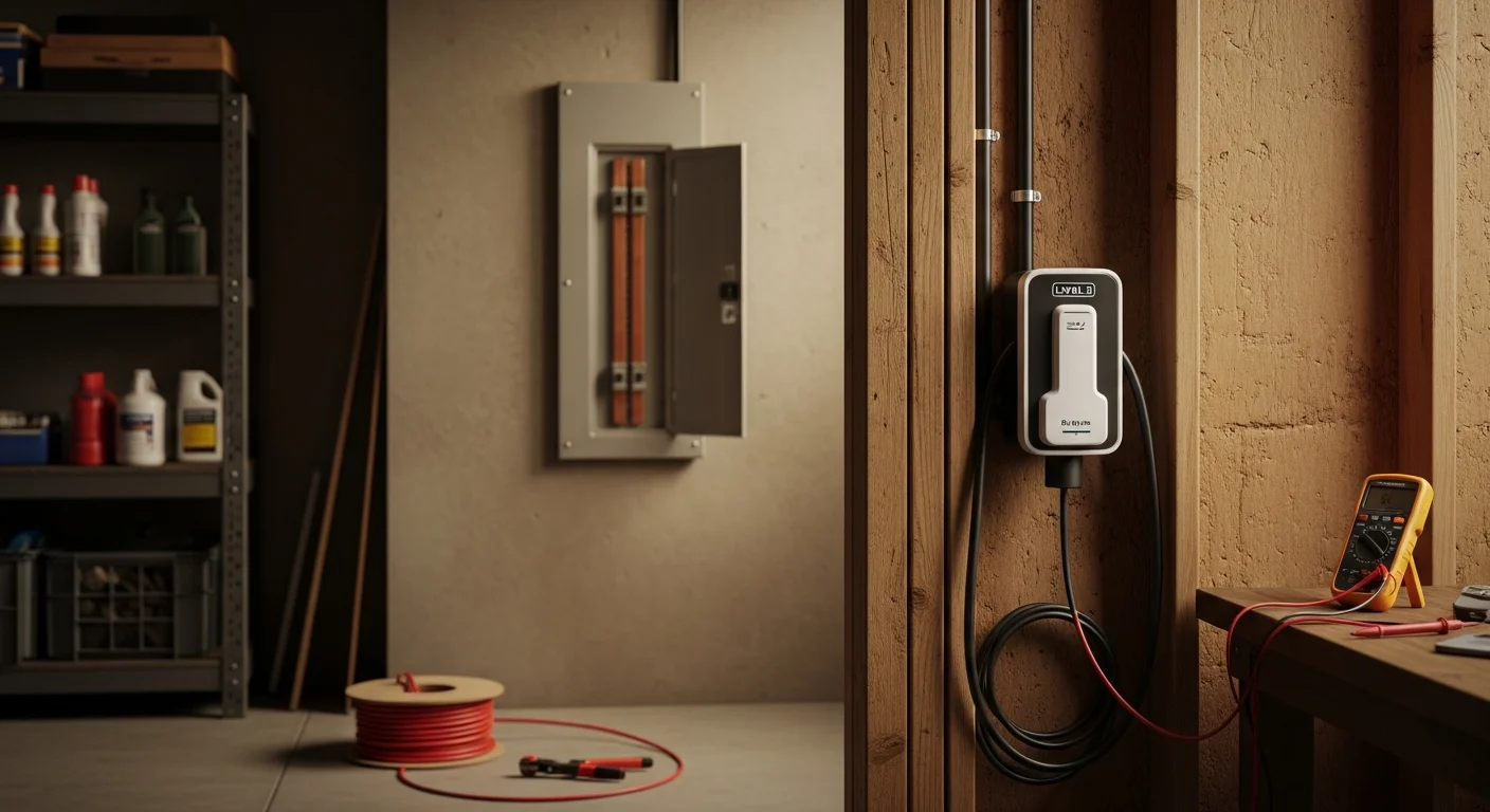 A Level 2 EV charger mounted on the interior wall of a residential garage in Shoreline, Washington, with a dedicated circuit conduit running cleanly to the electrical panel. The charger is connected to an electric vehicle parked inside the garage.