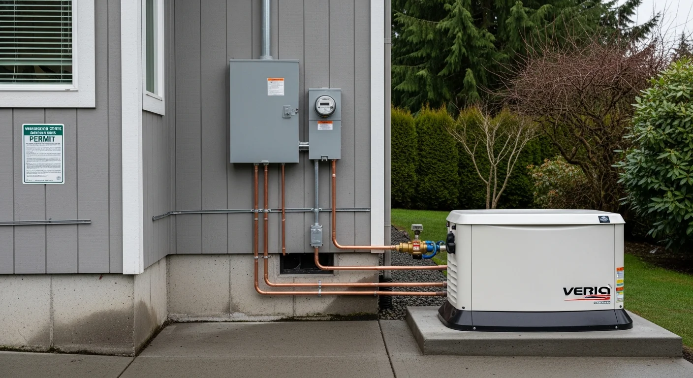 A licensed electrician from NWELECTRICIANSTODAY connecting a standby generator transfer switch to a residential electrical panel in a Shoreline, Washington home. The generator unit sits on a concrete pad outside the house, with a fuel line running to the exterior wall.