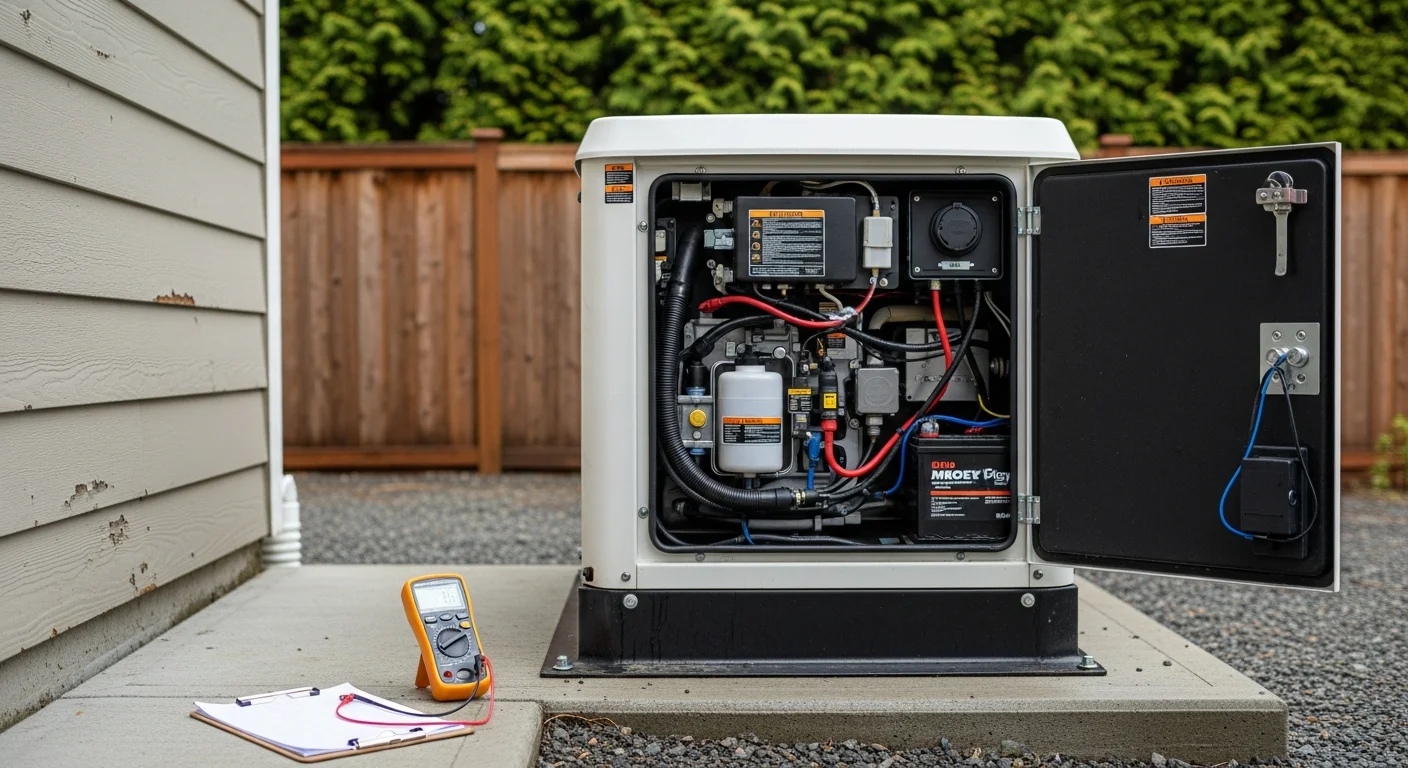 A licensed electrician from NWELECTRICIANSTODAY inspecting a residential standby generator at a Shoreline, Washington home. The technician checks internal components on a cloudy Pacific Northwest day.