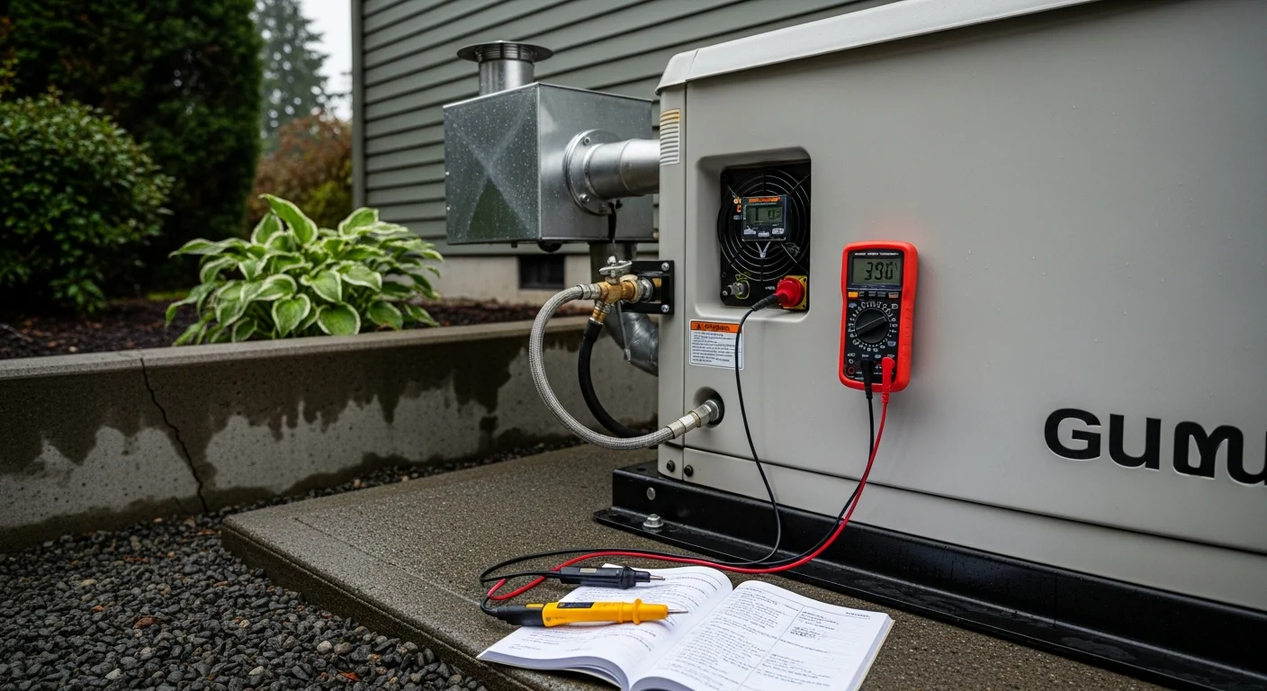 A licensed electrician from NWELECTRICIANSTODAY inspecting the control panel of a standby generator outside a residential home in Shoreline, Washington. The technician uses diagnostic tools to test the unit's electrical connections and transfer switch.
