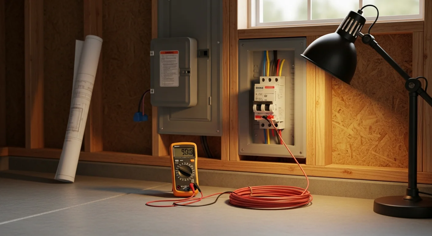 A licensed electrician installs a weatherproof GFCI disconnect box on the exterior wall of a Shoreline residential home, with conduit running toward a backyard hot tub pad. The panel and wiring connections are visible and neatly secured in outdoor-rated conduit.