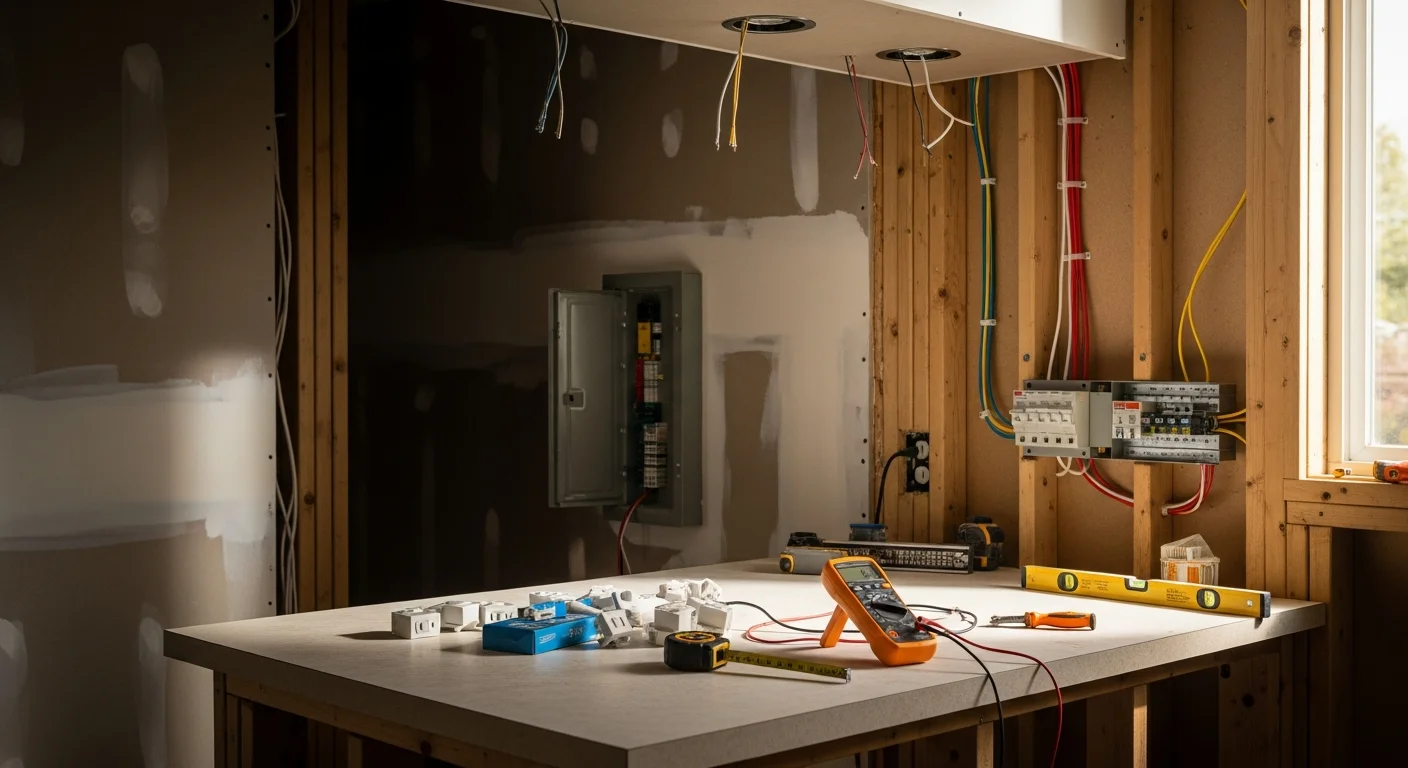 A licensed electrician installing GFCI outlets and dedicated appliance circuits inside an open kitchen wall during a remodel in Shoreline, Washington. Exposed wiring and a residential electrical panel are visible in the background.