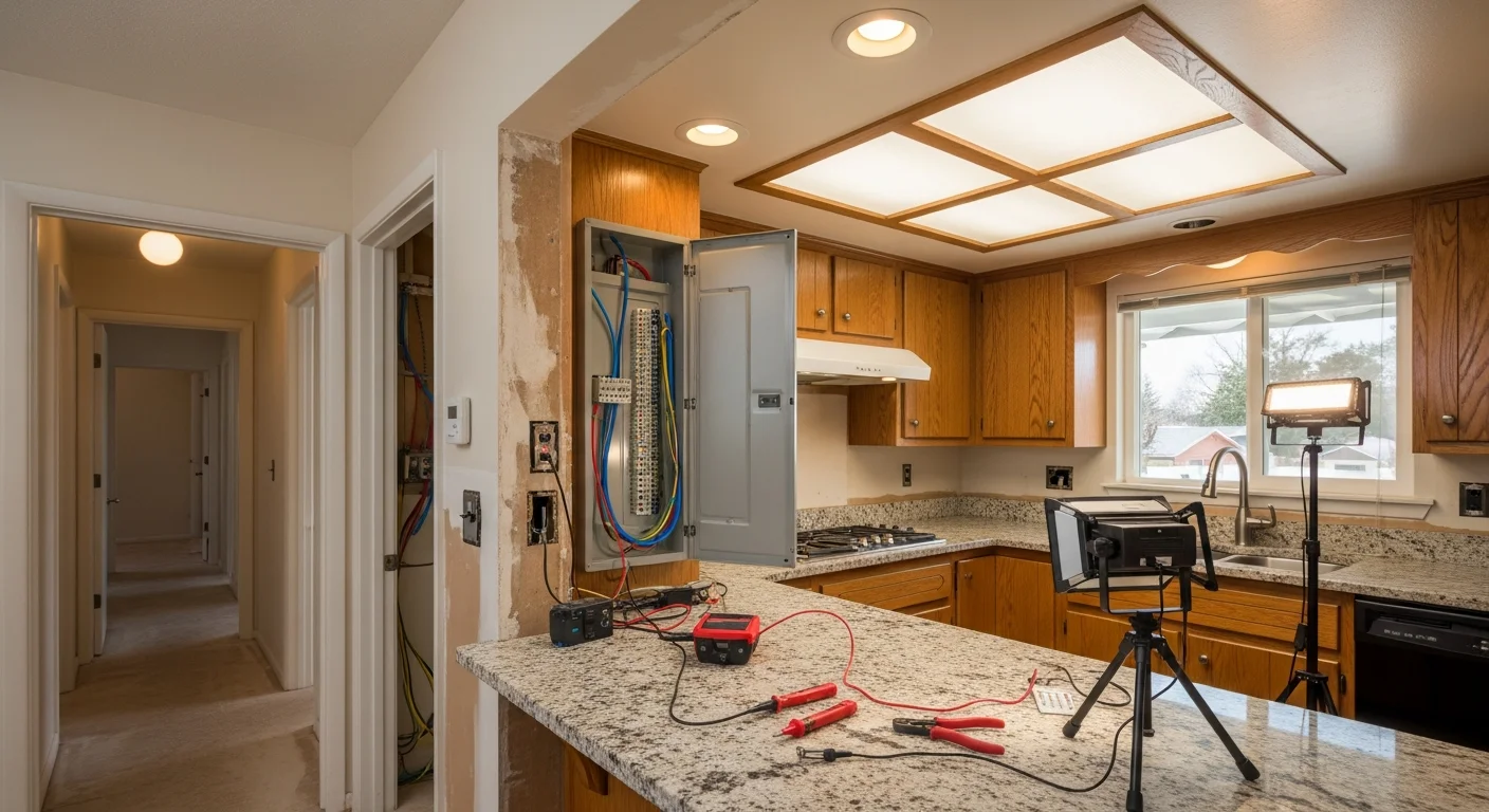 A licensed electrician installs recessed lighting in the kitchen of a mid-century single-family home in Shoreline, Washington. The image shows clean ceiling cutouts, new wiring, and a trim-ready fixture in a residential remodel setting.