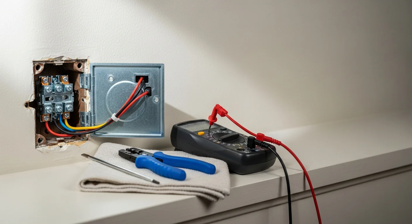 A licensed electrician replacing a faulty wall outlet in a Shoreline, Washington home, with the receptacle removed and wiring visible inside the electrical box. The repaired outlet is shown fully installed and flush against the wall plate.