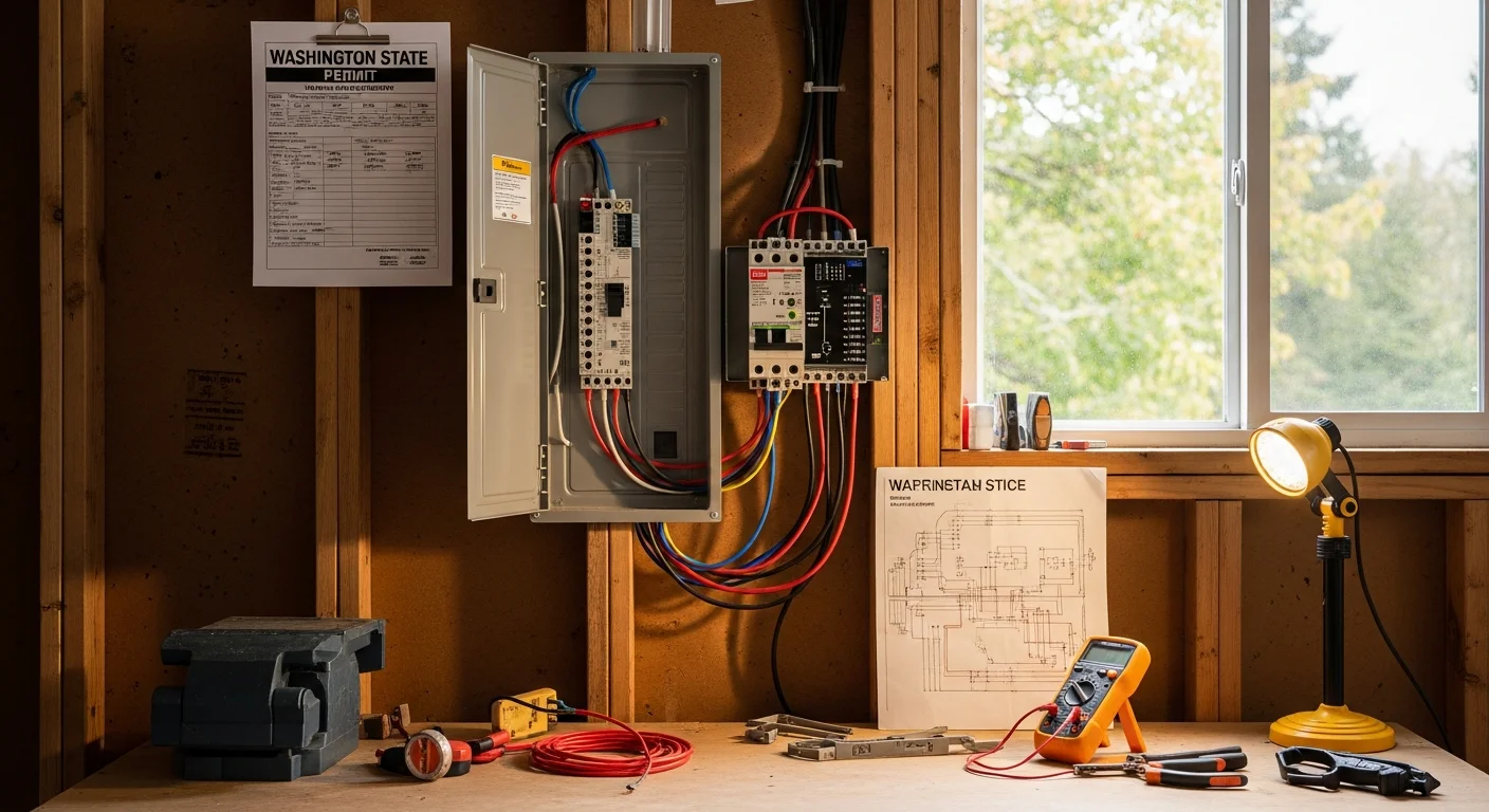A licensed electrician installs a new 200-amp electrical service panel inside a Shoreline, WA home, with organized circuit breakers and labeled wiring visible. The upgraded panel replaces an older unit and is mounted on an interior utility room wall.