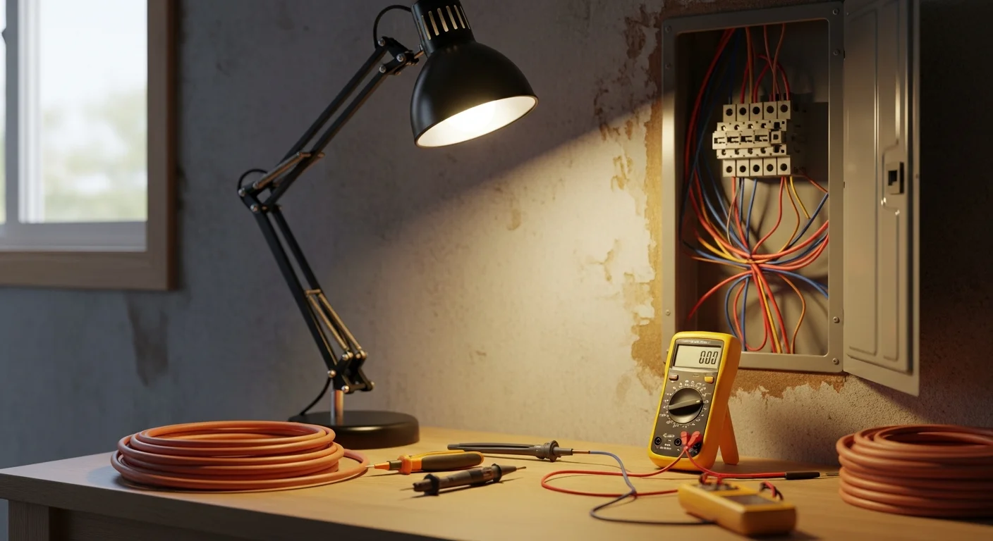 A licensed electrician inspecting and repairing residential wiring inside an open electrical junction box in a Shoreline, Washington home. The image shows exposed wire connections being tested with a diagnostic tool in a single-family residential setting.